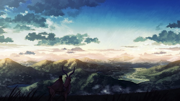 Ashitaka riding Yakul through mountains