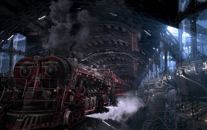 Steampunk train station with a red steam locomotive