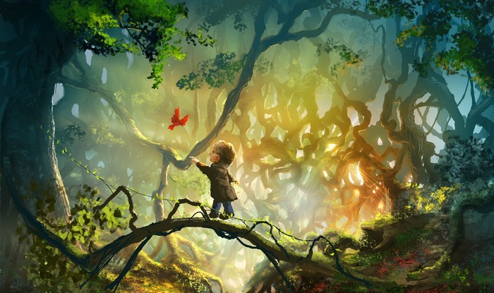 Child Reaching for Red Butterfly in Enchanted Forest