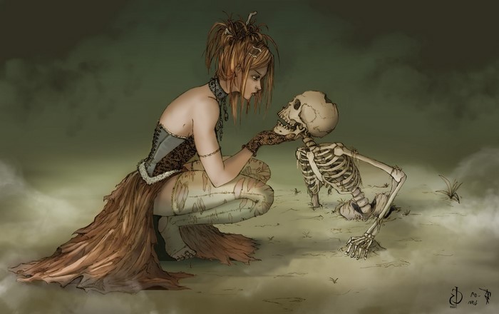 Witch and Skeleton in a Mystical Encounter