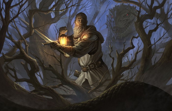 Knight with lantern and sword in a dark forest with a dragon