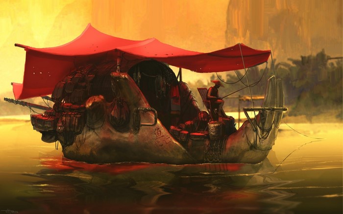 Fantasy boat with red canopy and a fisherman