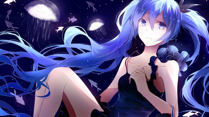 Hatsune Miku underwater with jellyfish and fish