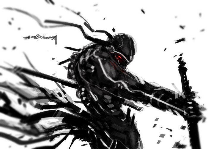 Cyborg warrior with glowing red eyes and swords