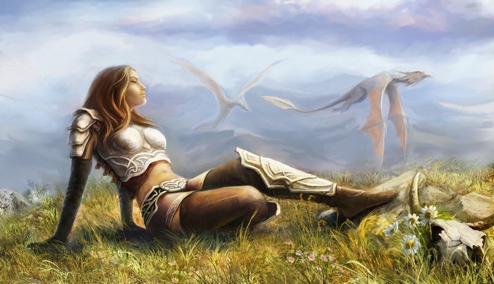 Woman warrior resting with dragons flying in the sky