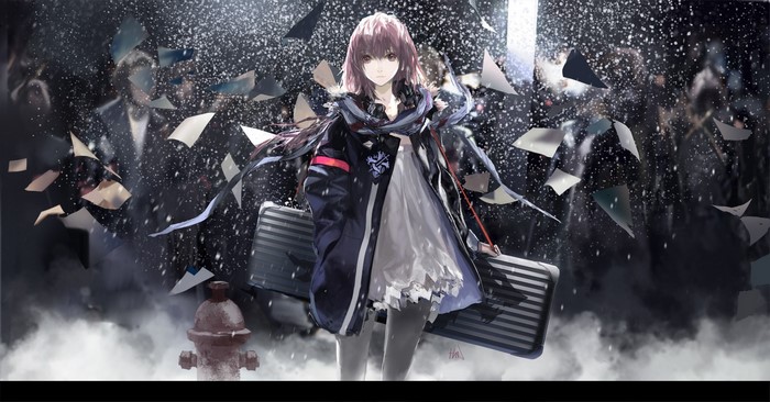 Anime girl with pink hair in a snowy city