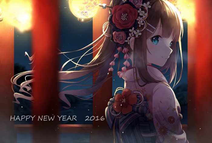 Anime girl in kimono with hair ornaments and lanterns
