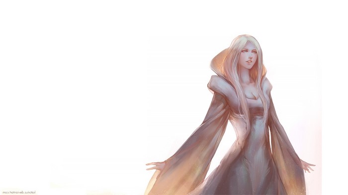 Fantasy art of a woman with white hair in a white dress