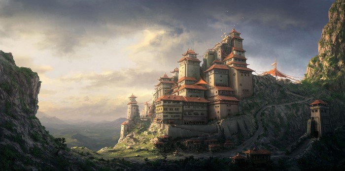 Fantasy castle on a cliffside with mountains
