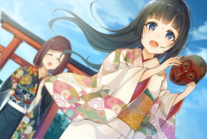 Anime girls in kimonos holding a mask near a torii gate