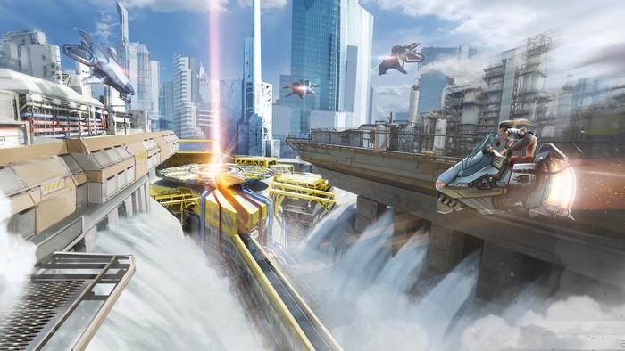 Futuristic city with flying vehicles and a water feature