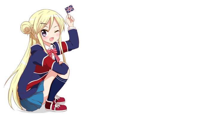Kujou Karen from Kiniro Mosaic holding a Union Jack flag