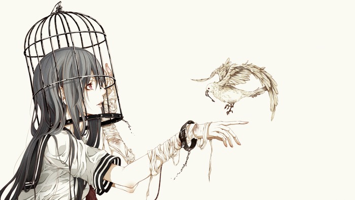 Girl in birdcage with bird