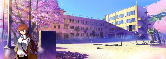 Makise Kurisu from Steins;Gate at a school with cherry blossoms