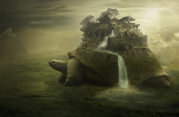 Fantasy Turtle Island with Waterfalls and Trees