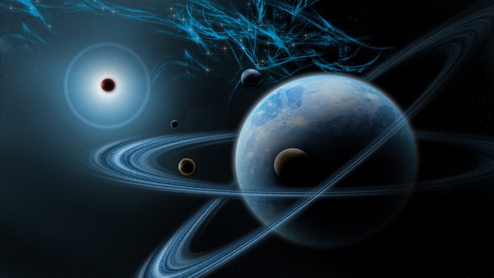 Digital art of a ringed planet in space with nebulae