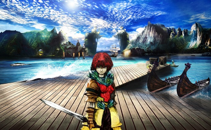 Fantasy warrior with sword on wooden dock with Viking ships