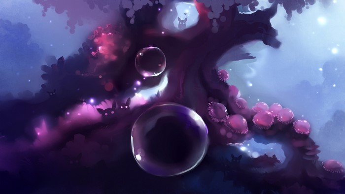 Fantasy art of creatures in a magical forest with bubbles