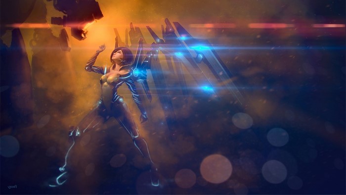 Woman in futuristic suit with wings