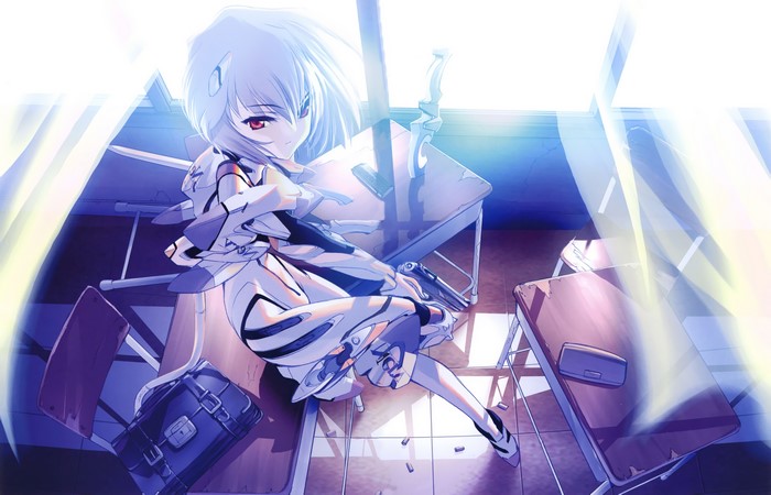 Rei Ayanami from Neon Genesis Evangelion in a classroom