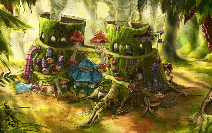 Fantasy mushroom village built on a tree stump