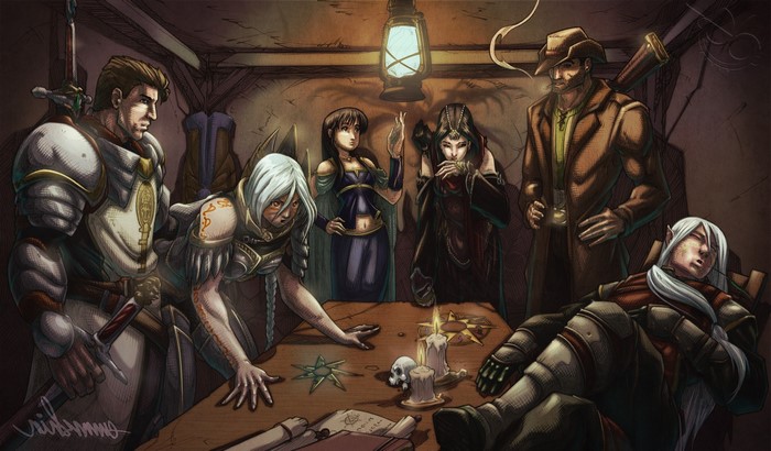Fantasy characters gathered around a table with a lantern
