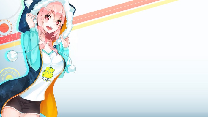 Super Sonico wearing headphones and hoodie