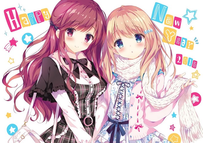 Anime girls with long hair and scarves
