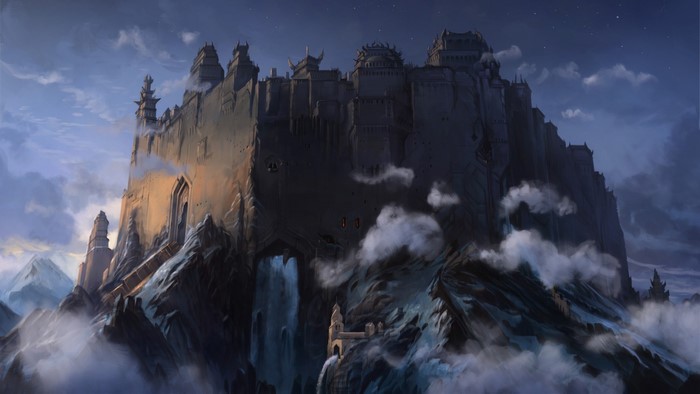Fantasy mountain castle with clouds and waterfall
