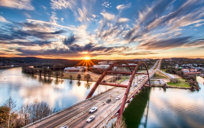 Sunset over Pennybacker Bridge in Austin, Texas