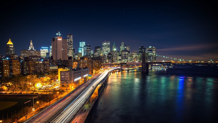 New York City Skyline with Brooklyn Bridge at Night