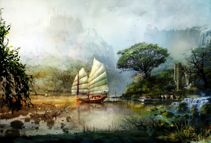 Guild Wars 2 concept art of a boat on a lake