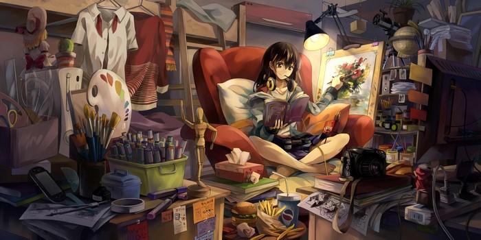 Anime girl painting in a cluttered art studio