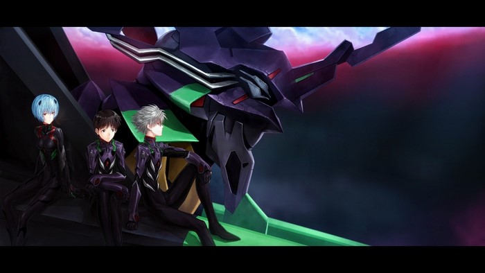 Rei Ayanami, Shinji Ikari, and Kaworu Nagisa with Evangelion Unit-01
