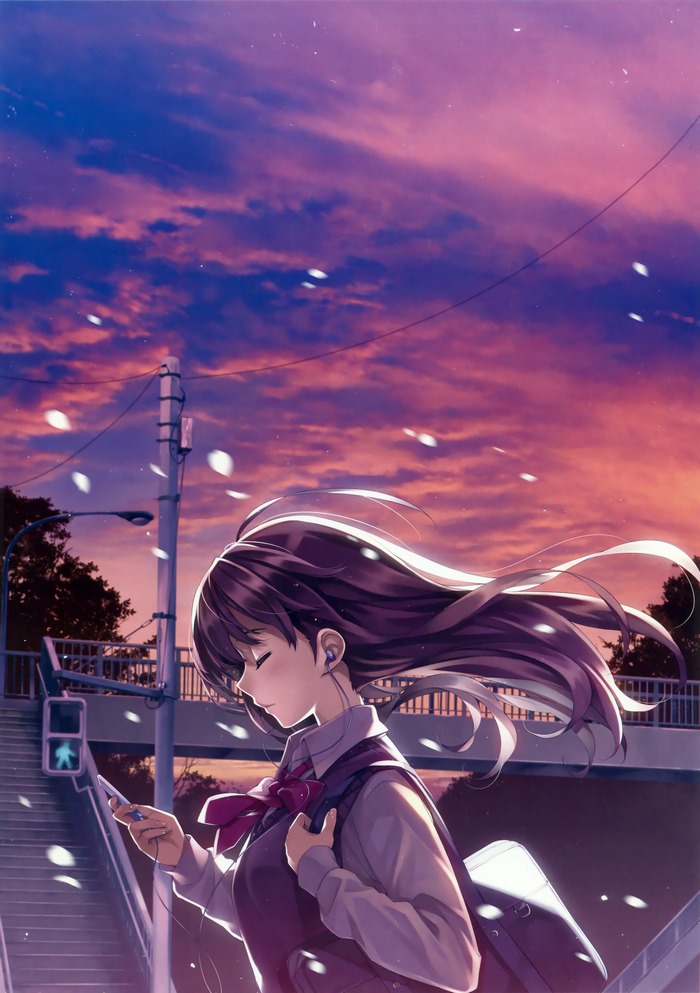 Anime girl with headphones walking at sunset