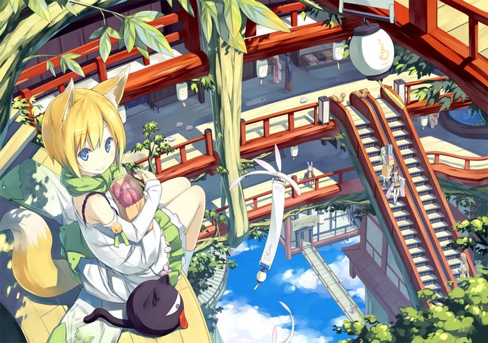 Anime fox girl with animal ears in a traditional Japanese building