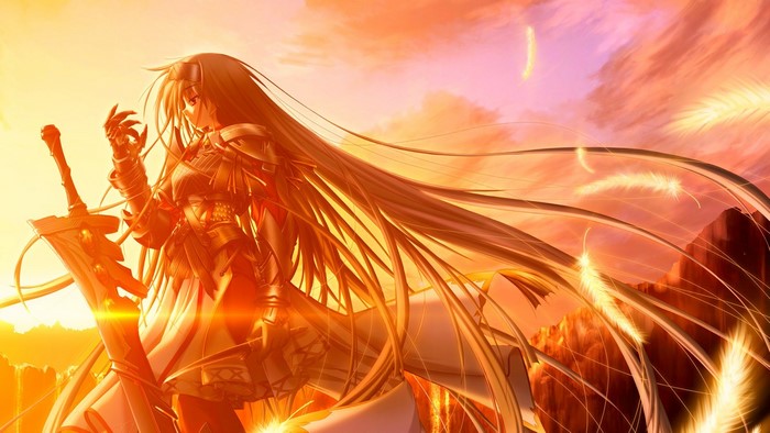 Anime girl in armor with sword at sunset