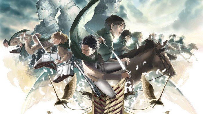 Attack on Titan characters with swords and horses