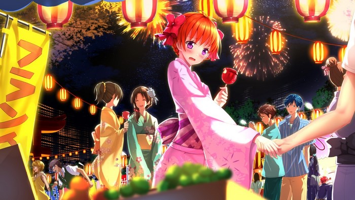 Anime girls in kimonos at a festival with fireworks