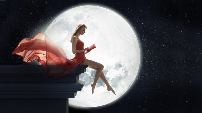 Woman in Red Dress Reading by the Moonlight