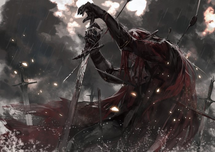 Warrior with red cape and sword in the rain