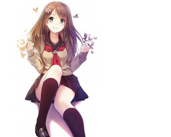Anime girl in school uniform with butterflies