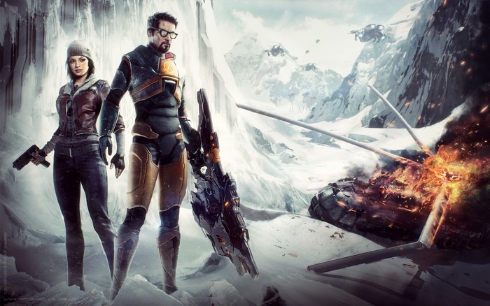 Gordon Freeman and Alyx Vance from Half-Life 2 in a snowy landscape