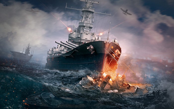 Battleships engaged in naval combat in World of Warships