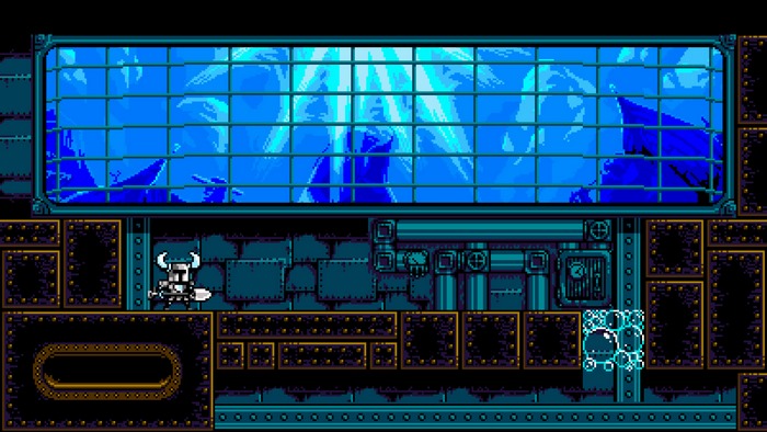 Shovel Knight in a futuristic underwater environment