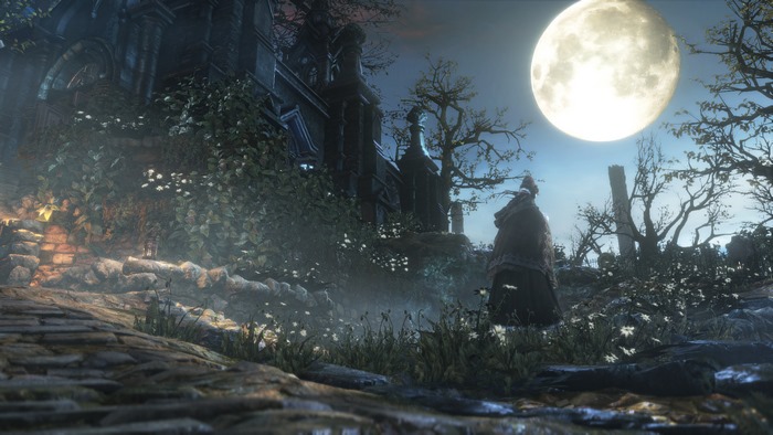 Bloodborne video game scene with a lone figure under a full moon
