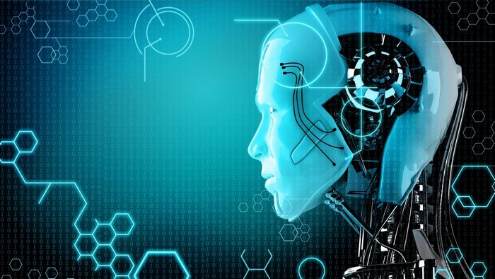 Robot head with binary code and hexagons