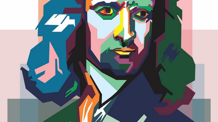 Portrait of Isaac Newton in colorful digital art style