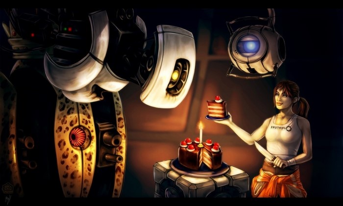 Chell from Portal with GLaDOS and Turrets