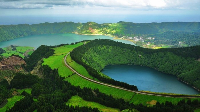 Volcanic lakes and green hills on Sao Miguel Island, Azores